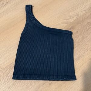 One-Shoulder Navy Blue Ribbed Top